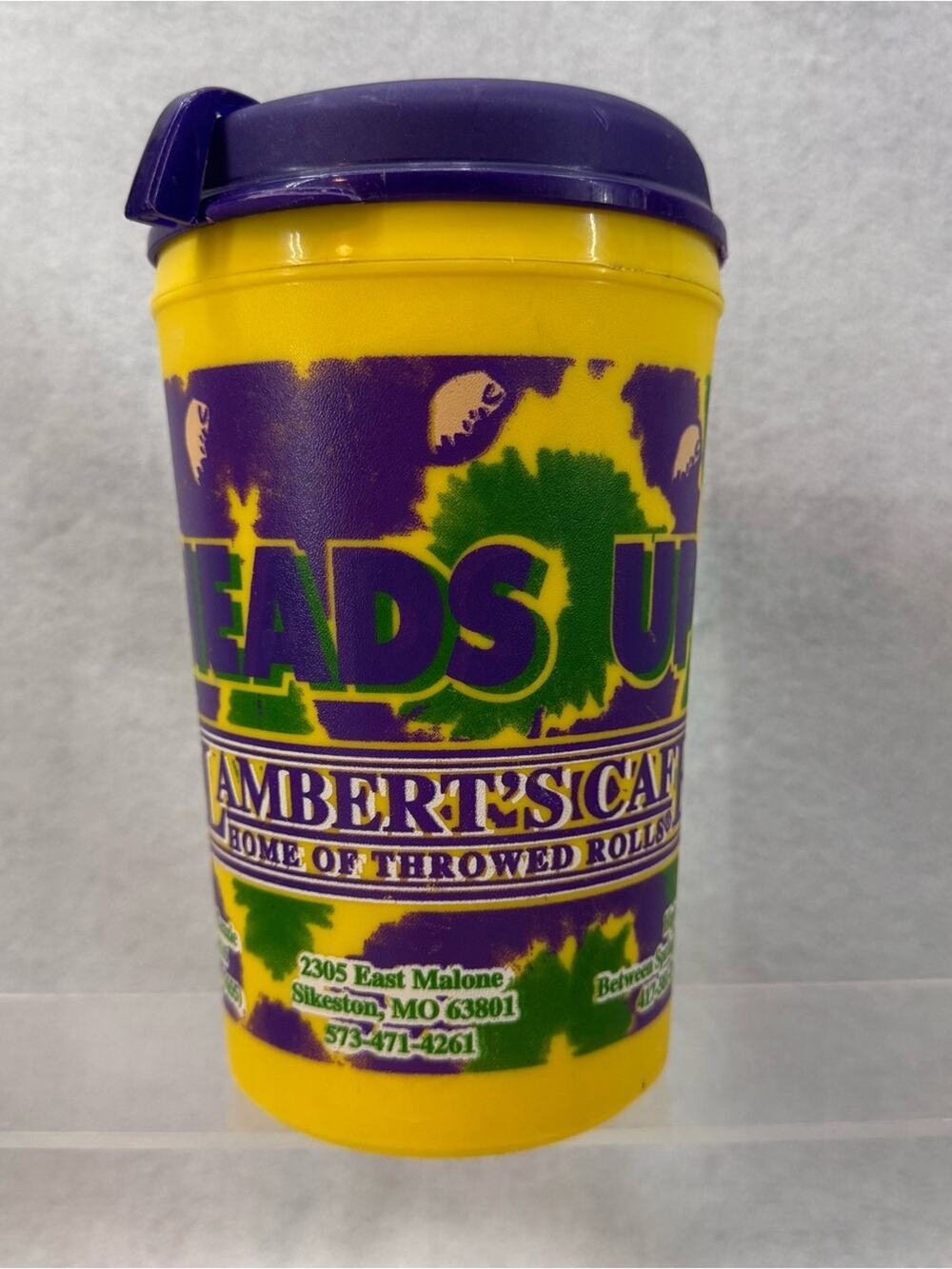 Lamberts Cafe Throwed Rolls 32oz Insulated Thermo-Serv Mug Mardi Gras Colors